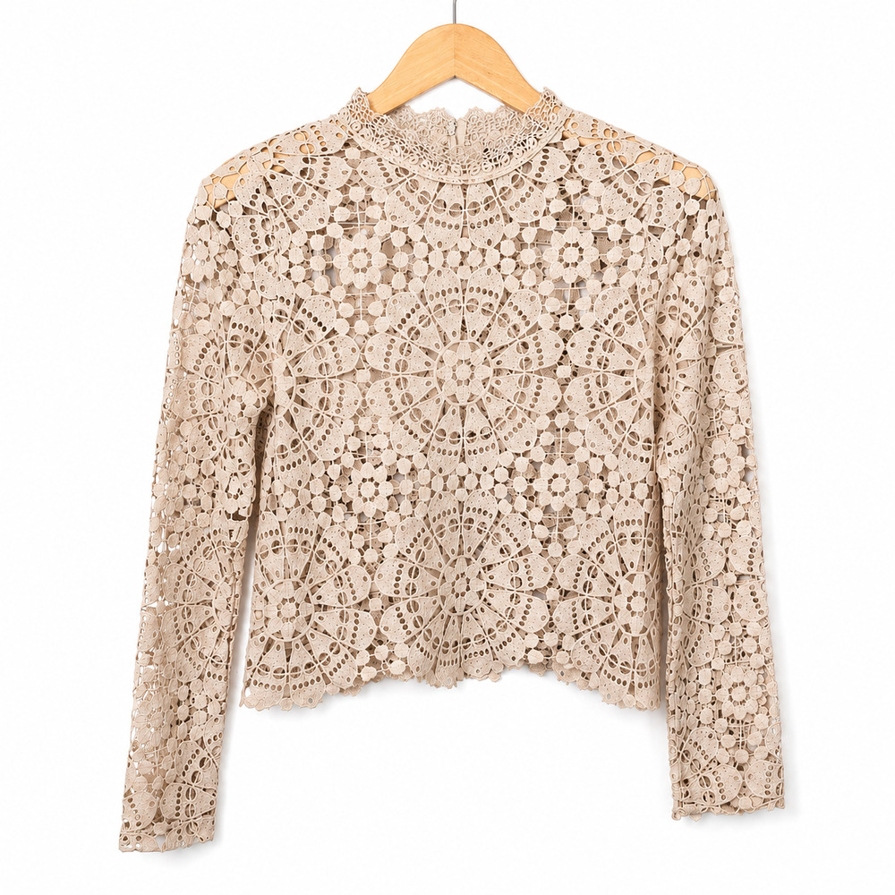 Miss Chievous Lace Crochet Top Womens Medium Tan Long Sleeve Cottagecore Fairy